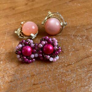 VINTAGE CLIP ON EARRINGS PINK FAUX PEARLS & GOLD TONE MOONSTONE?